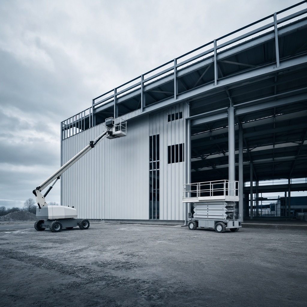 Boom lift and scissor lift beside a steel-frame building