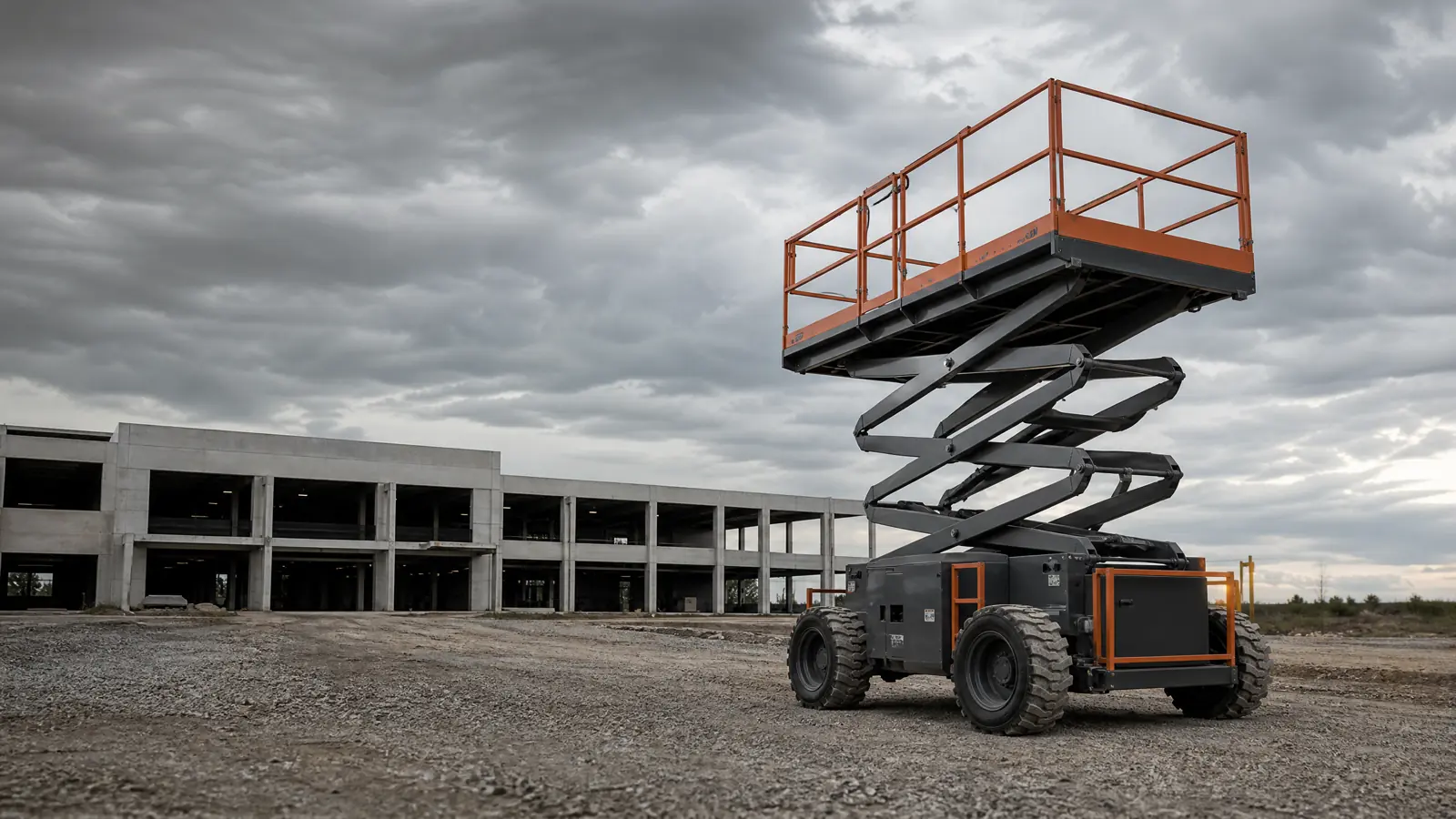 Rough terrain scissor lift at an exterior worksite